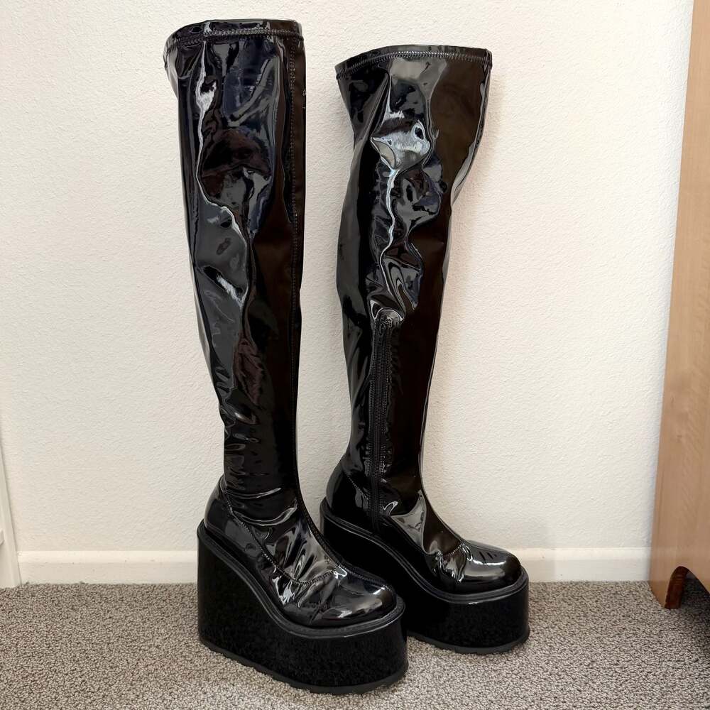 YRU Hades Platform Wedge Over The Knee Thigh High Boots in Black Patent - Size 9
